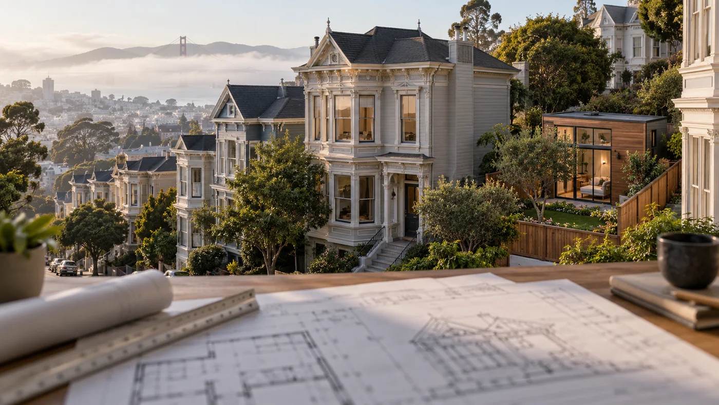 Victorian row houses on a San Francisco hillside with a small modern backyard cottage and architectural drawings on a table